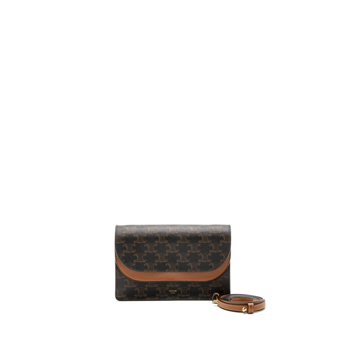 CELINE WALLET ON STRAP TRIOMPHE CANVAS/SMOOTH LAMBSKIN TAN GHW