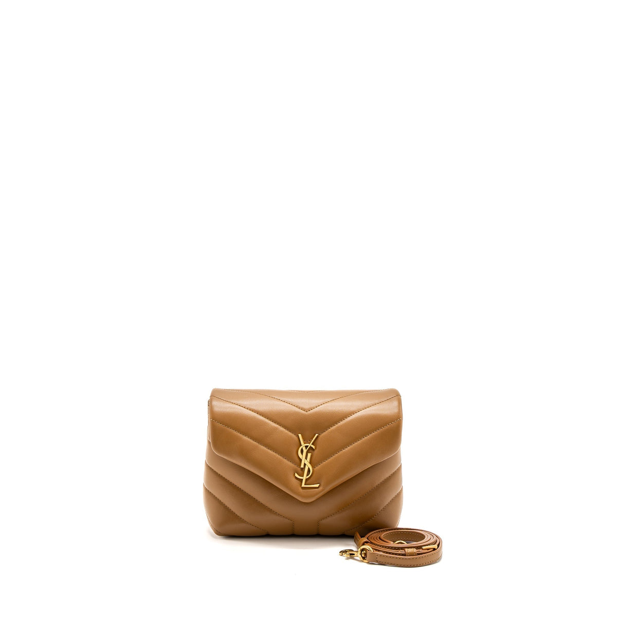 SAINT LAURENT TOY LOULOU TOY STRAP BAG CALFSKIN CARAMEL GHW