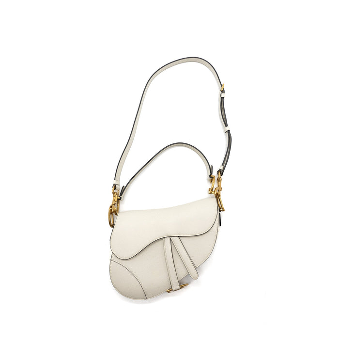 DIOR MEDIUM SADDLE BAG WITH STRAP GRAINED CALFSKIN WHITE GHW