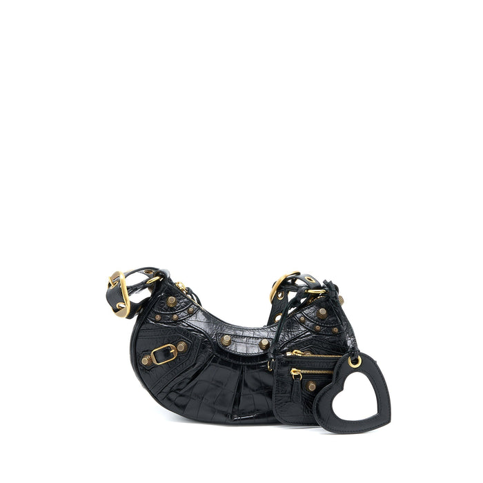 BALENCIAGA LE CAGOLE XS SHOULDER BAG CROC-EMBOSSED CALFSKIN BLACK AGED-GOLD HARDWARE