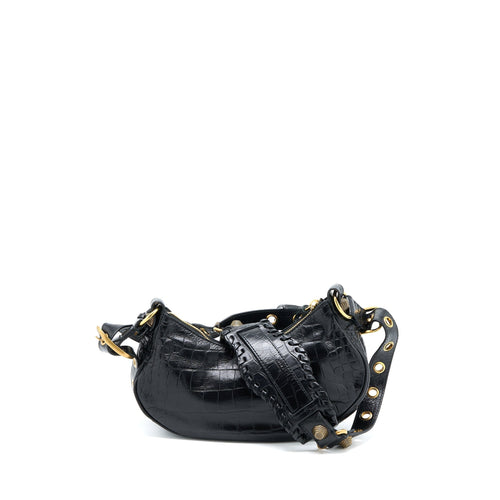 BALENCIAGA LE CAGOLE XS SHOULDER BAG CROC-EMBOSSED CALFSKIN BLACK AGED-GOLD HARDWARE