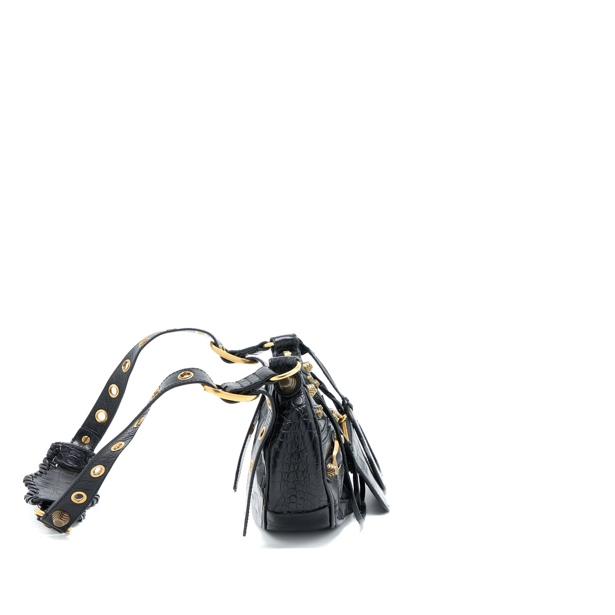 BALENCIAGA LE CAGOLE XS SHOULDER BAG CROC-EMBOSSED CALFSKIN BLACK AGED-GOLD HARDWARE