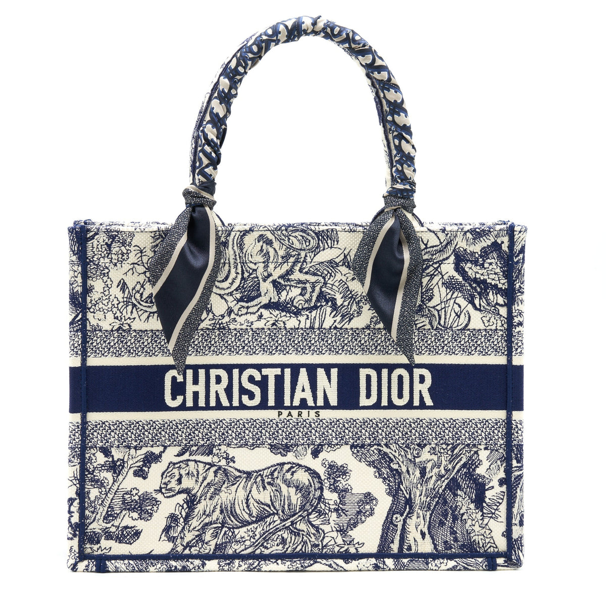 DIOR SMALL BOOK TOTE TOILE DE JOUY NAVY WITH SILK TILLY SCARF