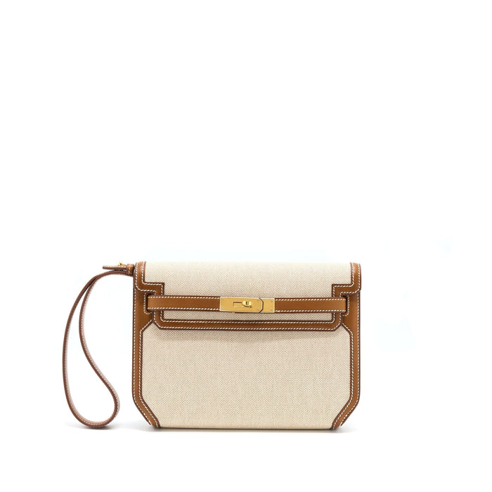 HERMES POCHETTE KELLY DEPECHES 25 CANVAS / BARENIA ECRU BEIGE / FAUVE GHW