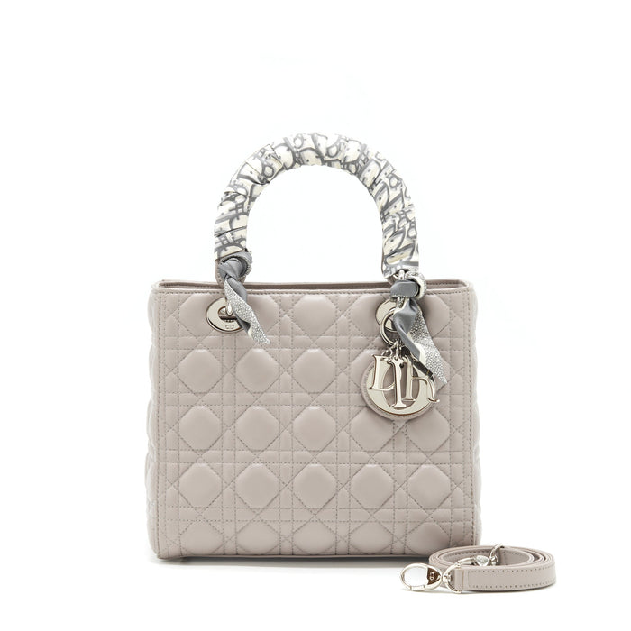 DIOR LADY DIOR MEDIUM LAMBSKIN GREY SHW WITH AN EXTRA TWILLY