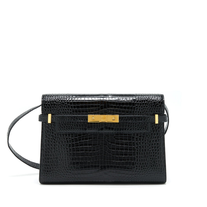 SAINT LAURENT/YSL MANHATTAN SHOULDER BAG SHINY CROC-EMBOSSED BLACK GHW