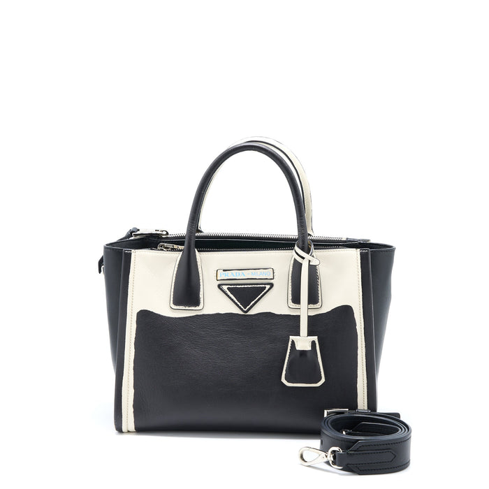 PRADA DOUBLE ZIP TOTE BAG CALFSKIN BLACK/WHITE SHW