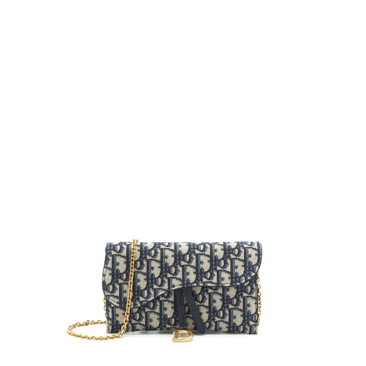 DIOR SADDLE WALLET ON CHAIN BLUE OBLIQUE JACQUARD