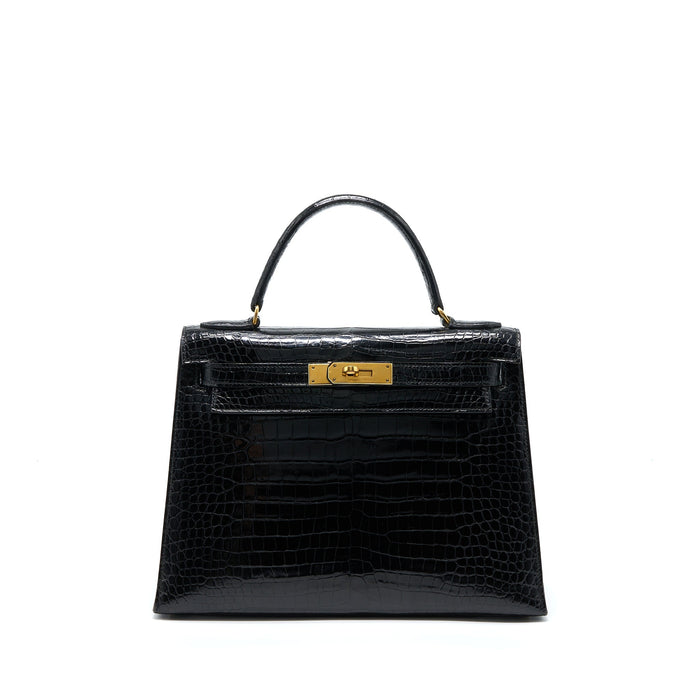HERMES VINTAGE KELLY 28 ALLIGATOR BLACK GHW
