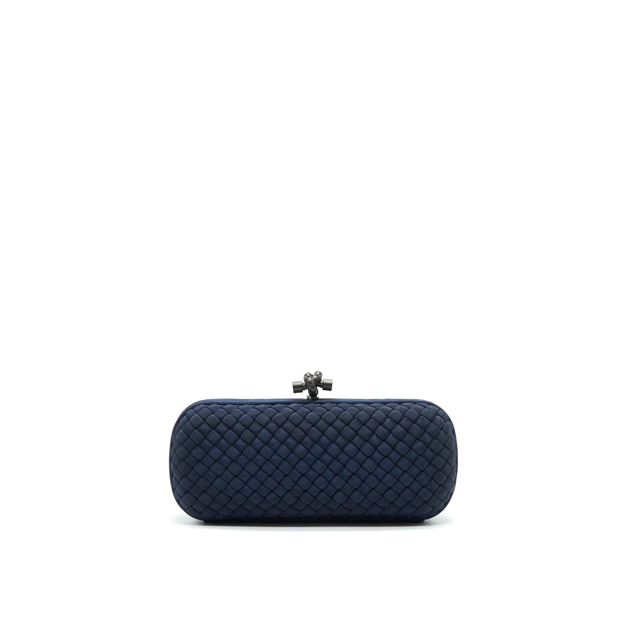 BOTTEGA VENETA KNOT CLUTCH IN NAVY WITH RUTHENIUM HARDWARE