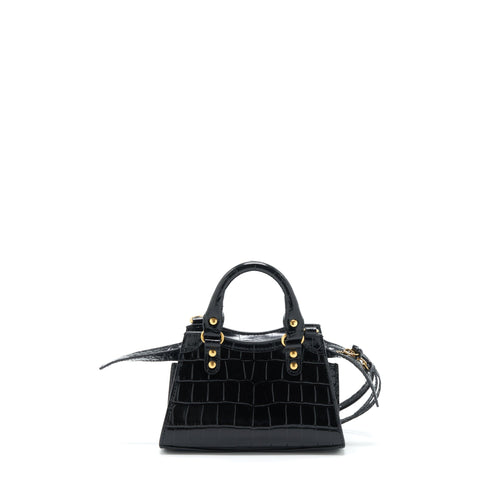 BALENCIAGA NANO NEO CLASSIC CITY BAG CROC-EMBOSSED CALFSKIN BLACK GHW