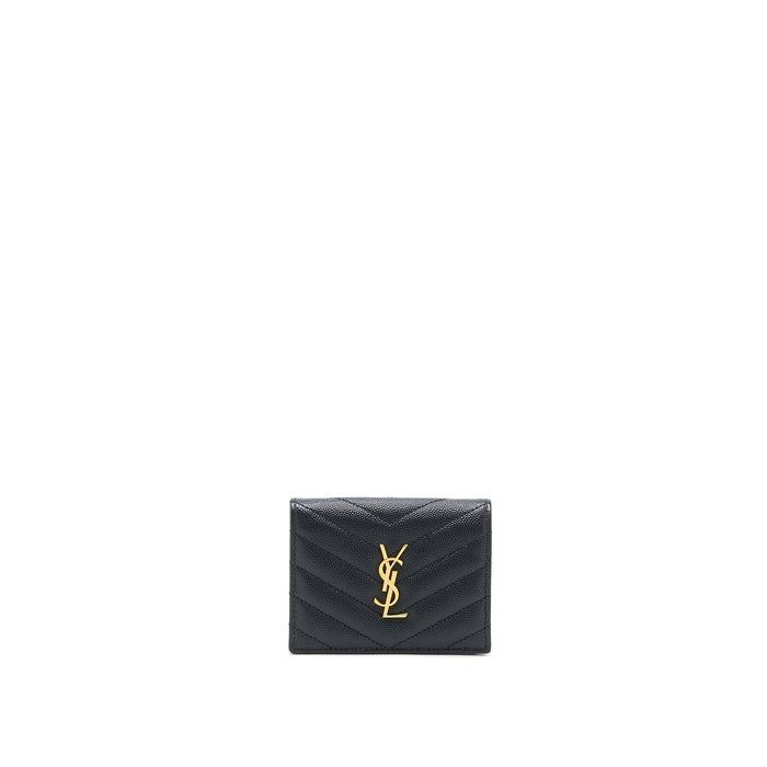 SAINT LAURENT / YSL PEBBLED LOGO PLAQUE CARDHOLDER GRAINED CALFSKIN BLACK GHW