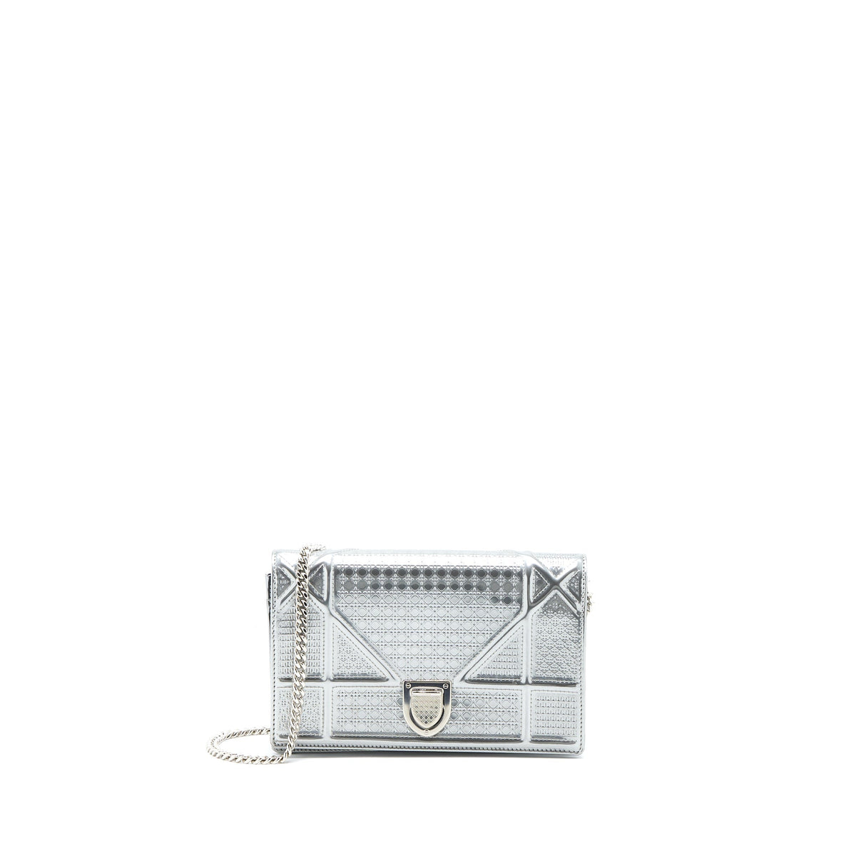 DIOR DIORAMA WALLET ON CHAIN PATENT METALLIC SILVER SHW