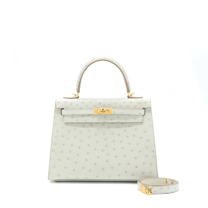 HERMES KELLY 25 SELLIER OSTRICH 80 GRIS PERLE GHW