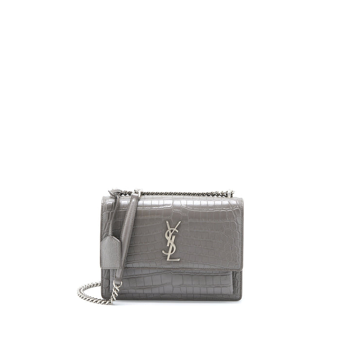 SAINT LAURENT MEDIUM SUNSET CHAIN BAG CROC EMBOSSED CALFSKIN GREY SHW