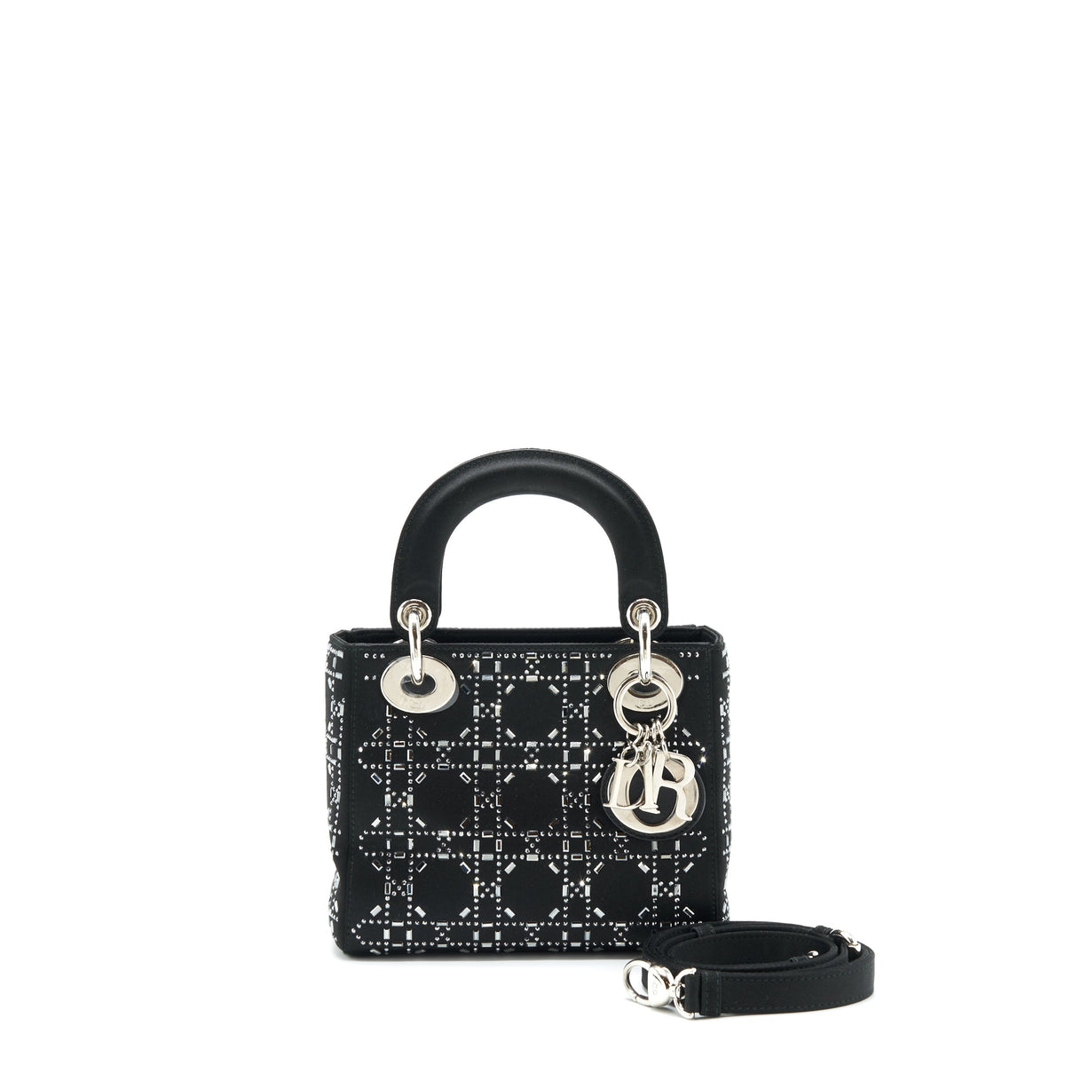 DIOR MINI LADY DIOR SATIN BLACK WITH CRYSTAL BLACK SHW