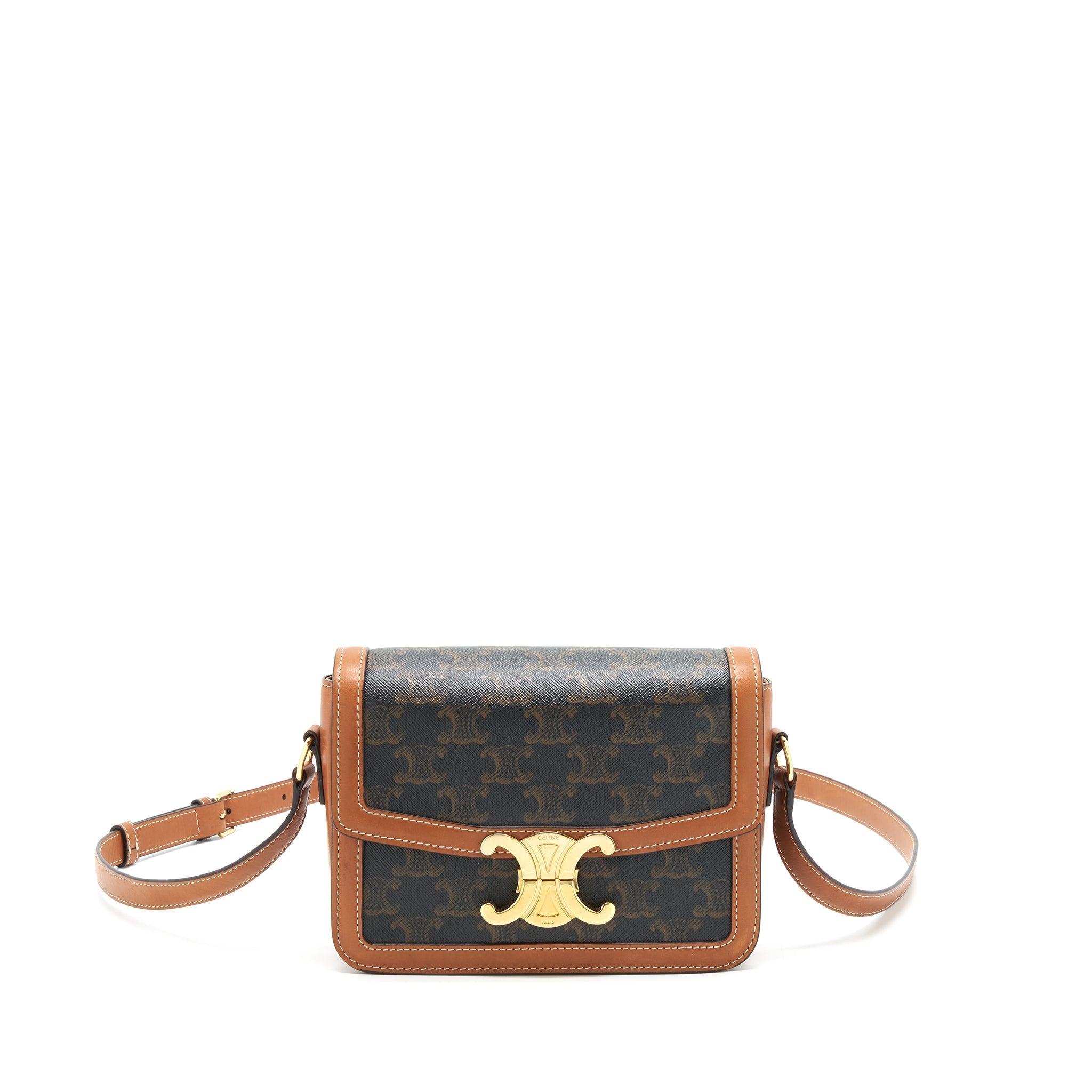 CELINE TEEN TRIOMPHE BAG IN TRIOMPHE CANVAS AND CALFSKIN TAN