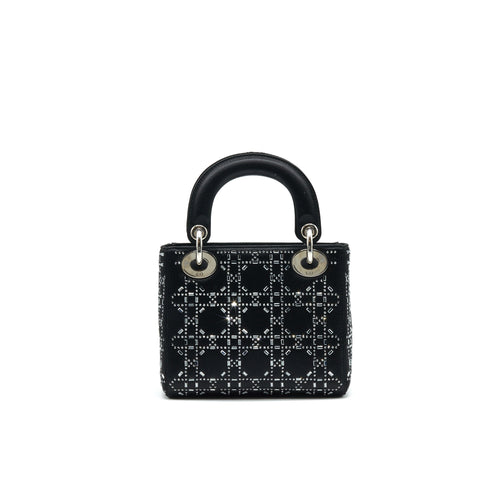 CHRISTIAN DIOR SATIN CRYSTAL CANNAGE MINI LADY DIOR BLACK