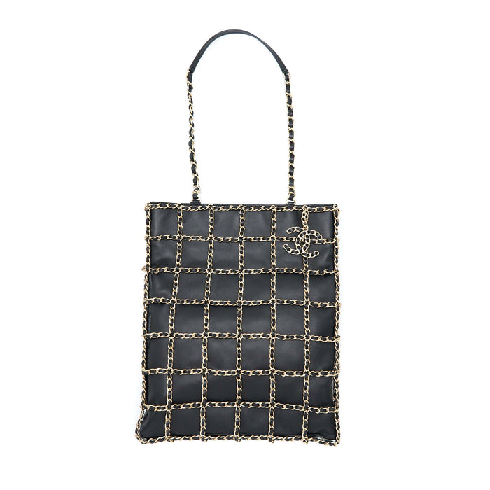 CHANEL CRUISE 2020 BLACK CHAINED TOTE BAG LAMBSKIN BLACK LGHW
