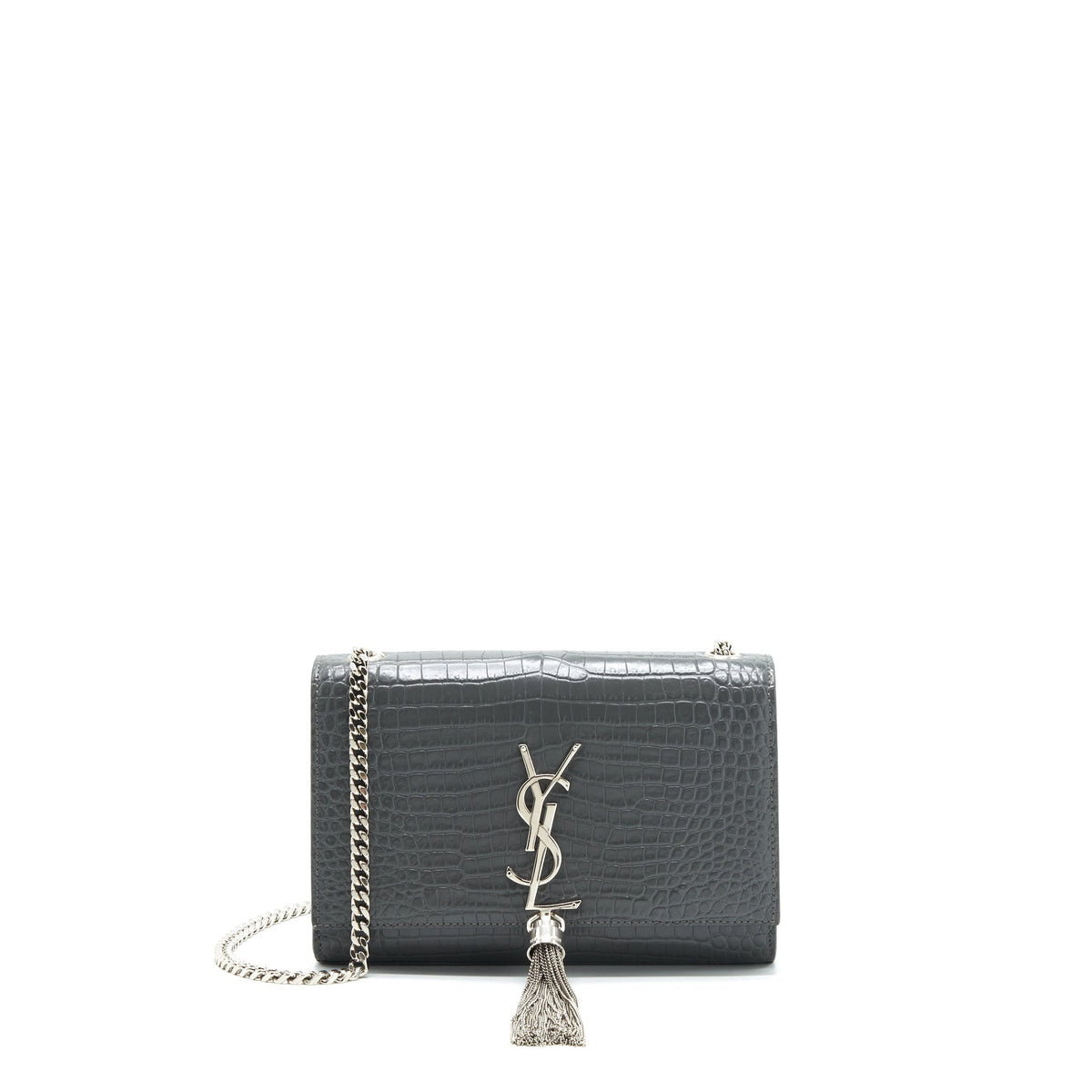 SAINT LAURENT KATE TASSEL CROC EMBOSSED CALFSKIN GREY SHW