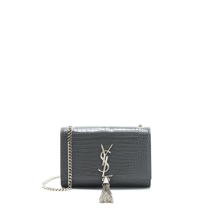 SAINT LAURENT KATE TASSEL CROC EMBOSSED CALFSKIN GREY SHW