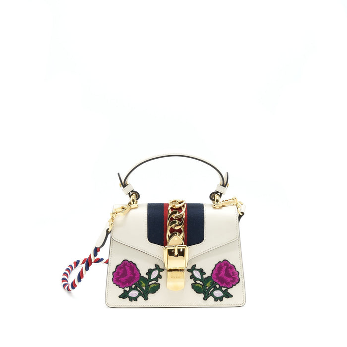 GUCCI SYLVIE EMBROIDERED MINI BAG WHITE
