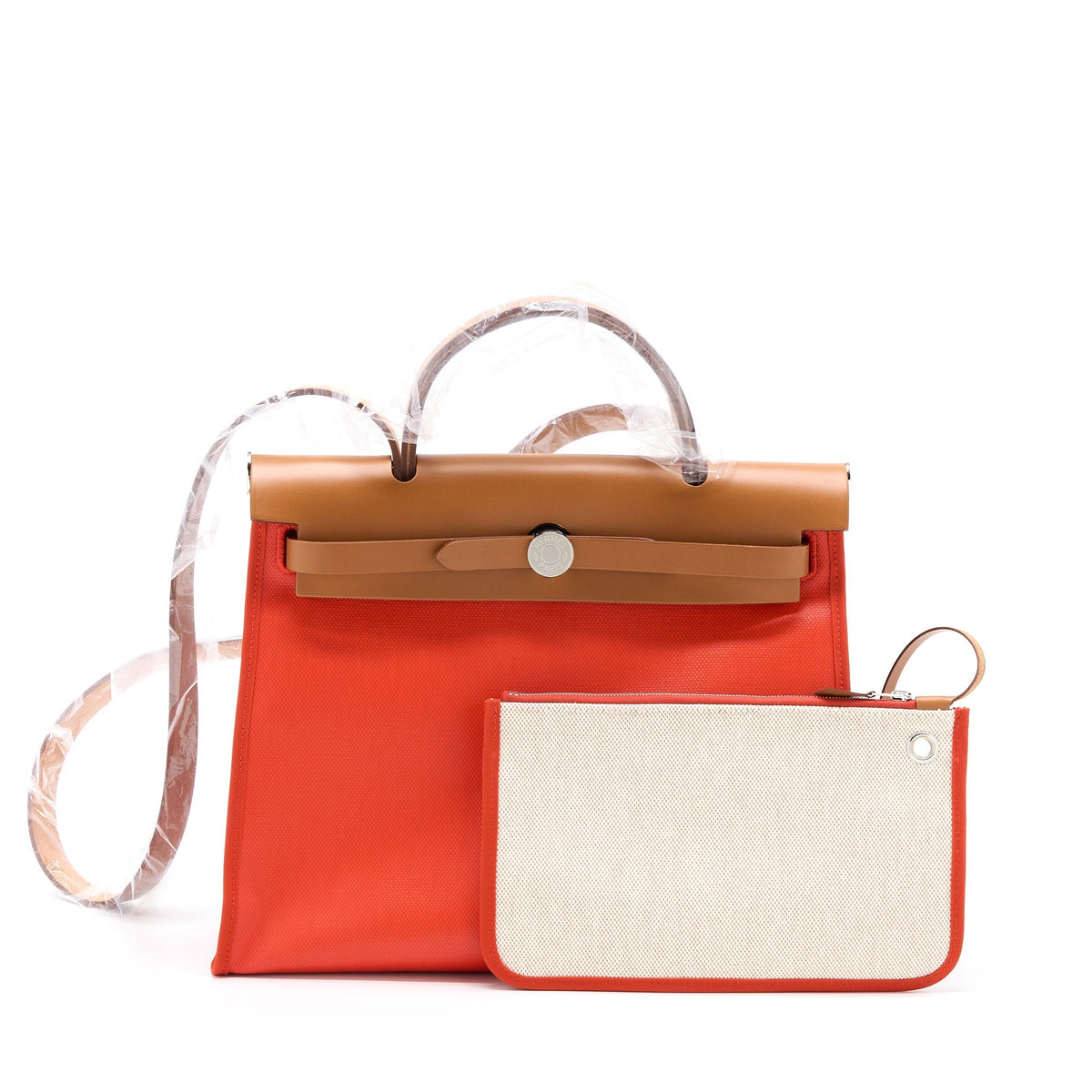 HERMES HERBAG 31 WITH BERLINE CANVAS AND HUNTER ORANGE MECANO/ECRU- BEIGE SHW