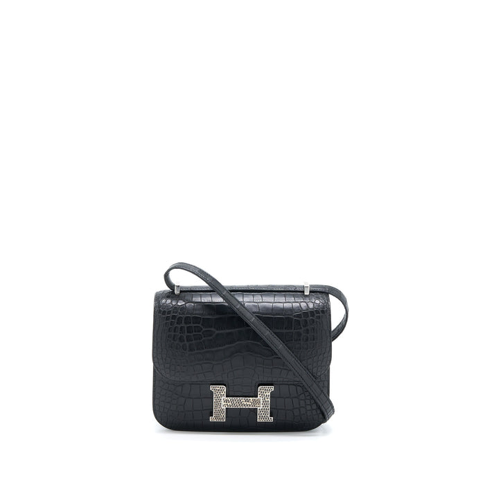 HERMES MINI CONSTANCE MAT ALLIGATOR MISSISSIPPIANS BLACK WITH LIZARD BUCKLE SHW