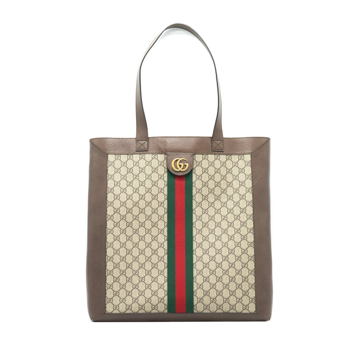 GUCCI OPHIDIA GG LEATHER TRIMMED PRINTED COATED CANVAS TOTE
