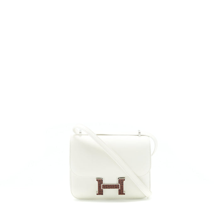 HERMES MINI CONSTANCE EVERCOLOR BLANC / ALLIGATOR BUCKLE/TERRE