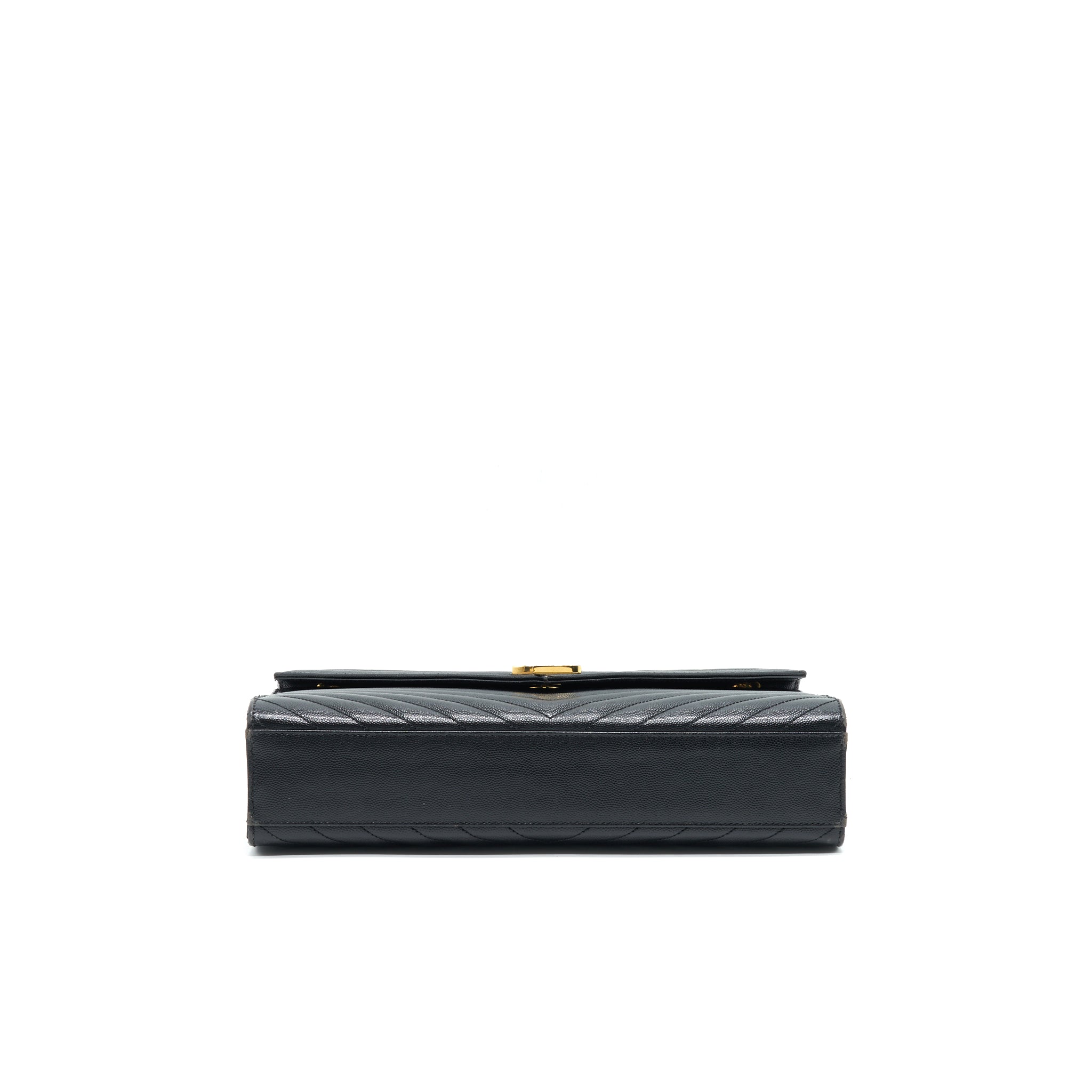 SAINT LAURENT / YSL LARGE ENVELOPE CHAIN FLAP BAG IN BLACK GRAIN DE POUDRE