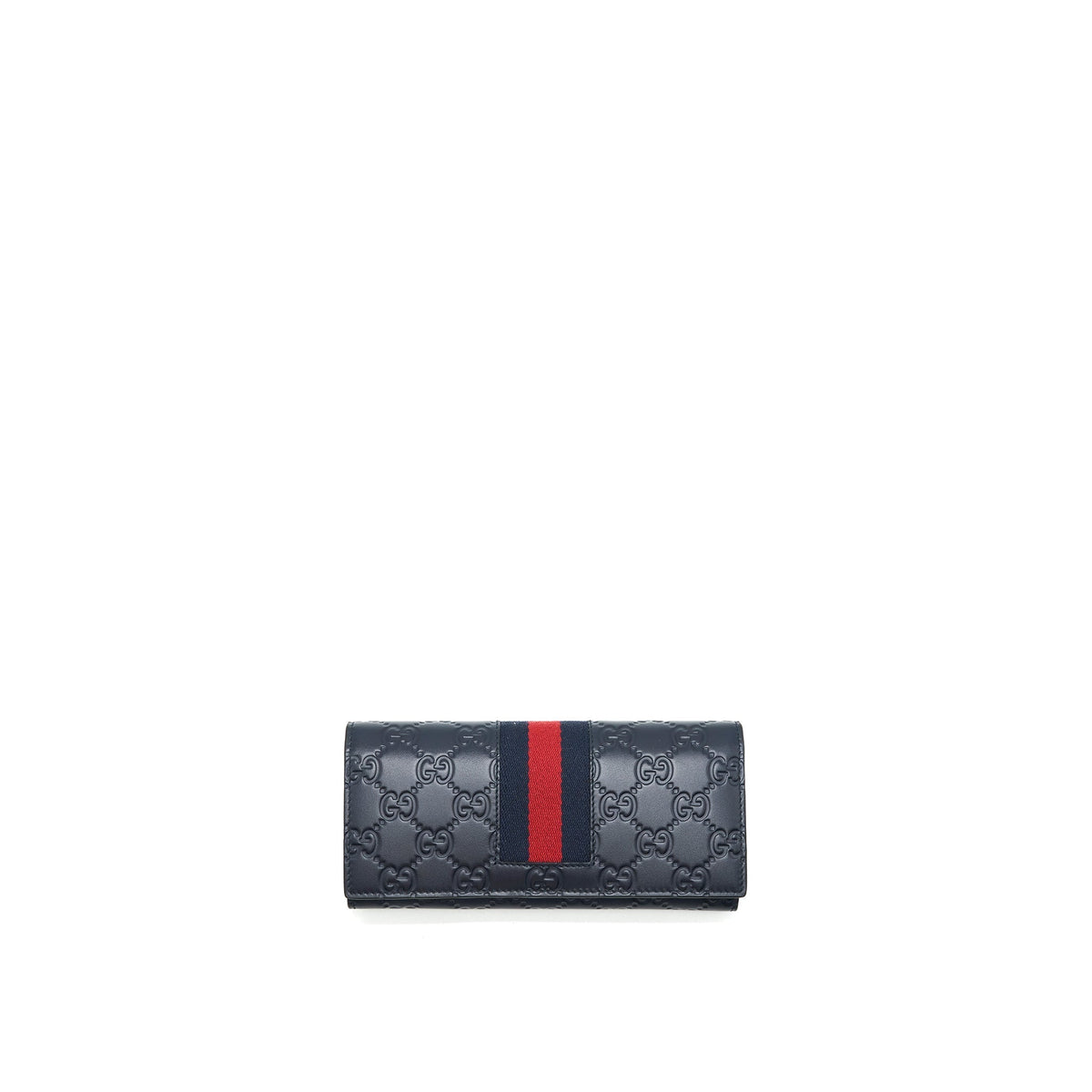 GUCCI MEN'S SIGNATURE WEB LEATHER LONG WALLET IN DARK NAVY