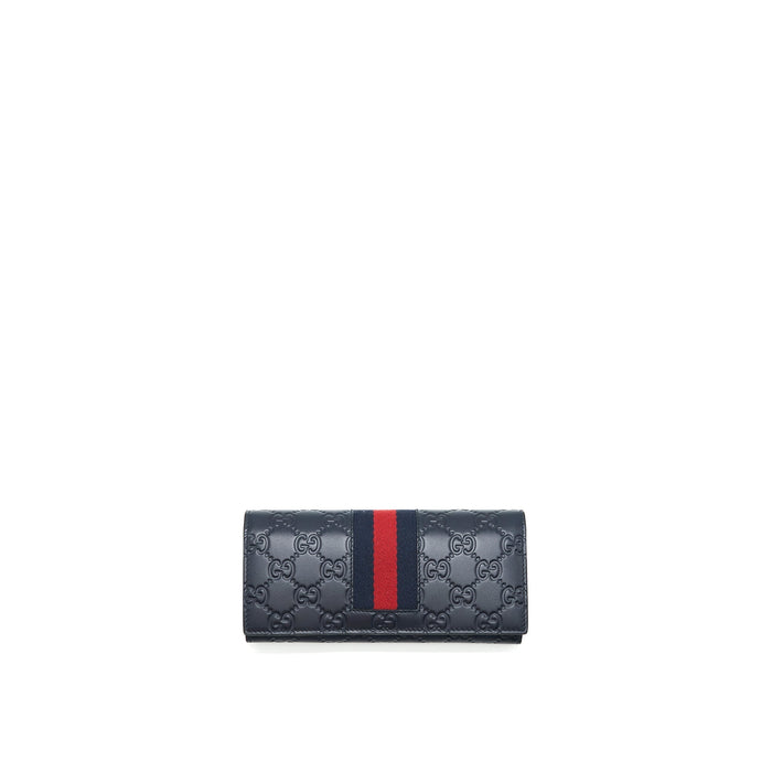 GUCCI MEN'S SIGNATURE WEB LEATHER LONG WALLET IN DARK NAVY