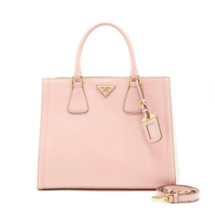 PRADA TOP HANDLE SAFFIANO TOTE BAG CALFSKIN PINK/ WHITE GHW