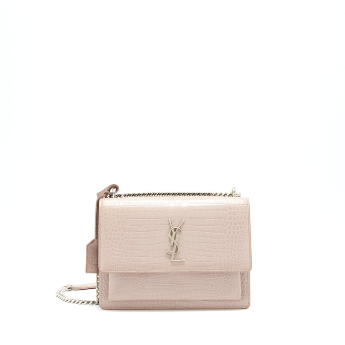SAINT LAURENT SUNSET BAG CROCODILE EMBOSSED PINK SHW