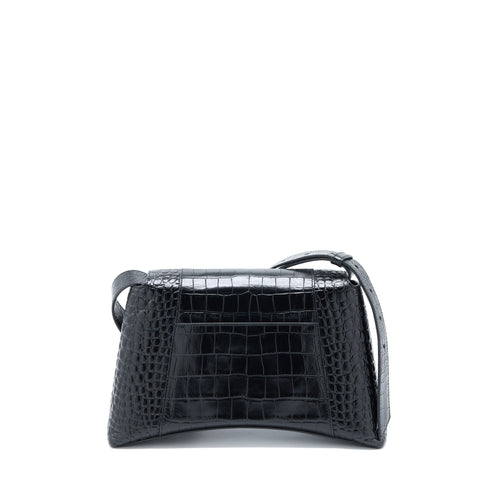 BALENCIAGA SMALL DOWNTOWN SHOULDER BAG CROC EMBOSSED LEATHER BLACK WITH BLACK HARDWARE
