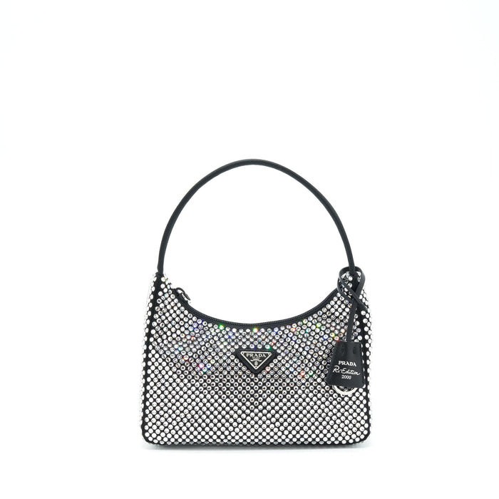 PRADA RE-EDITION 2000 CRYSTAL HOBO BAG NYLON/LEATHER BLACK SHW