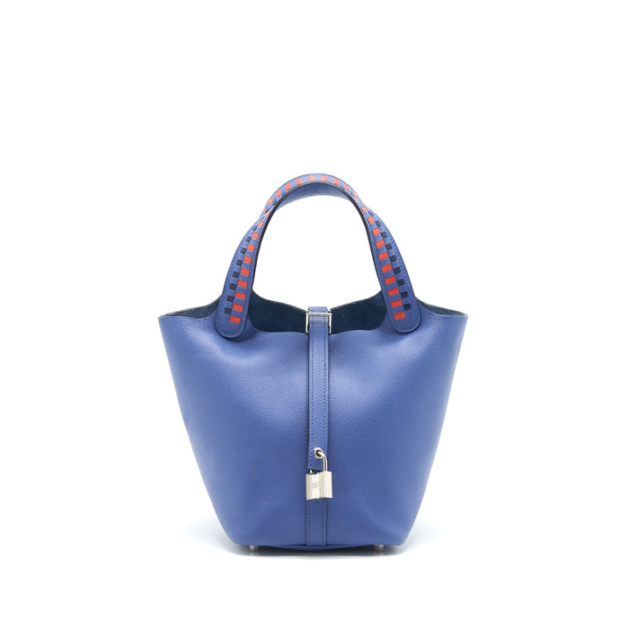 HERMES TRESSAGE DE CUIR PICOTIN 18 LOCK BAG EPSOM BLUE BRIGHTON SHW