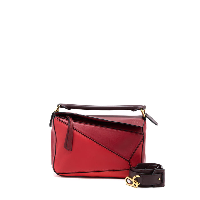 LOEWE SMALL PUZZLE BAG CALFSKIN COLOURBLOCK RED GHW