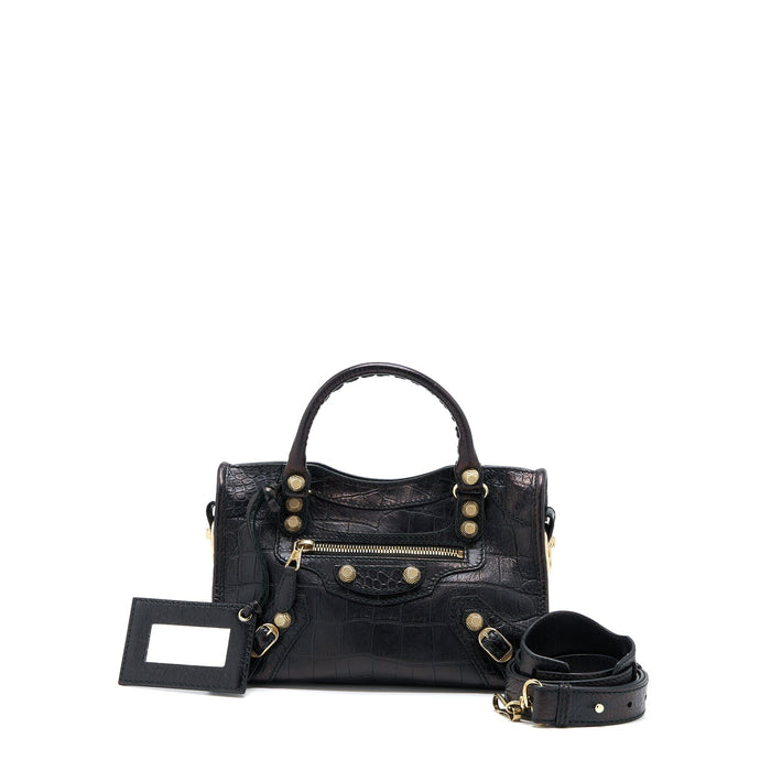 BALENCIAGA MINI CITY CROC-EMBOSSED CALFSKIN BLACK GHW