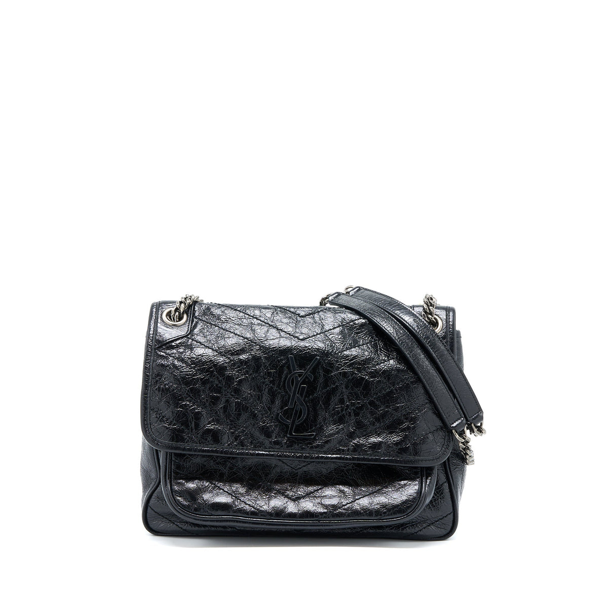 SAINT LAURENT NIKI AGED CALFSKIN BLACK WITH BLACK AND RUTHENIUM HARDWARE