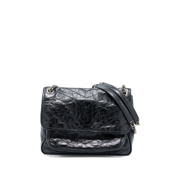 SAINT LAURENT NIKI AGED CALFSKIN BLACK WITH BLACK AND RUTHENIUM HARDWARE