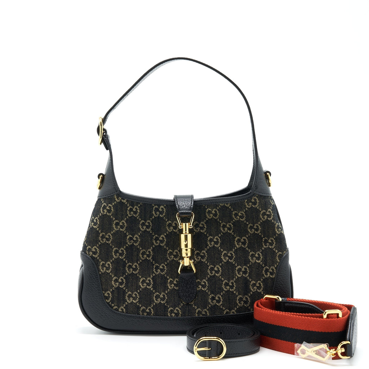 GUCCI JACKIE 1961 SMALL SHOULDER BAG DENIM/LEATHER BLACK GHW