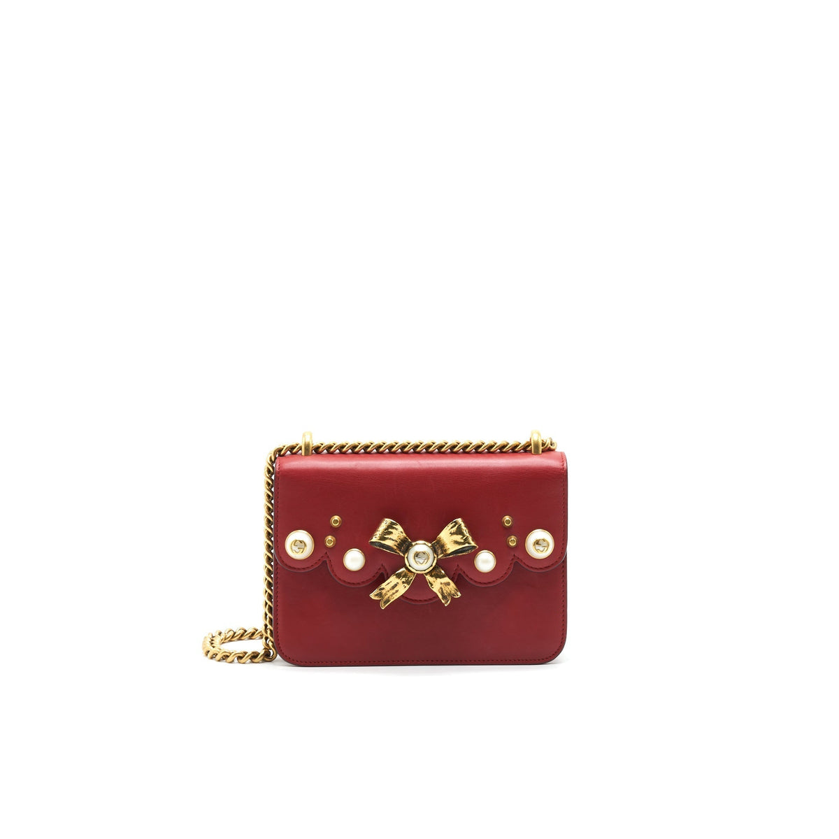 GUCCI BOW AND PEARL LEATHER CHAIN SHOULDER BAG RED
