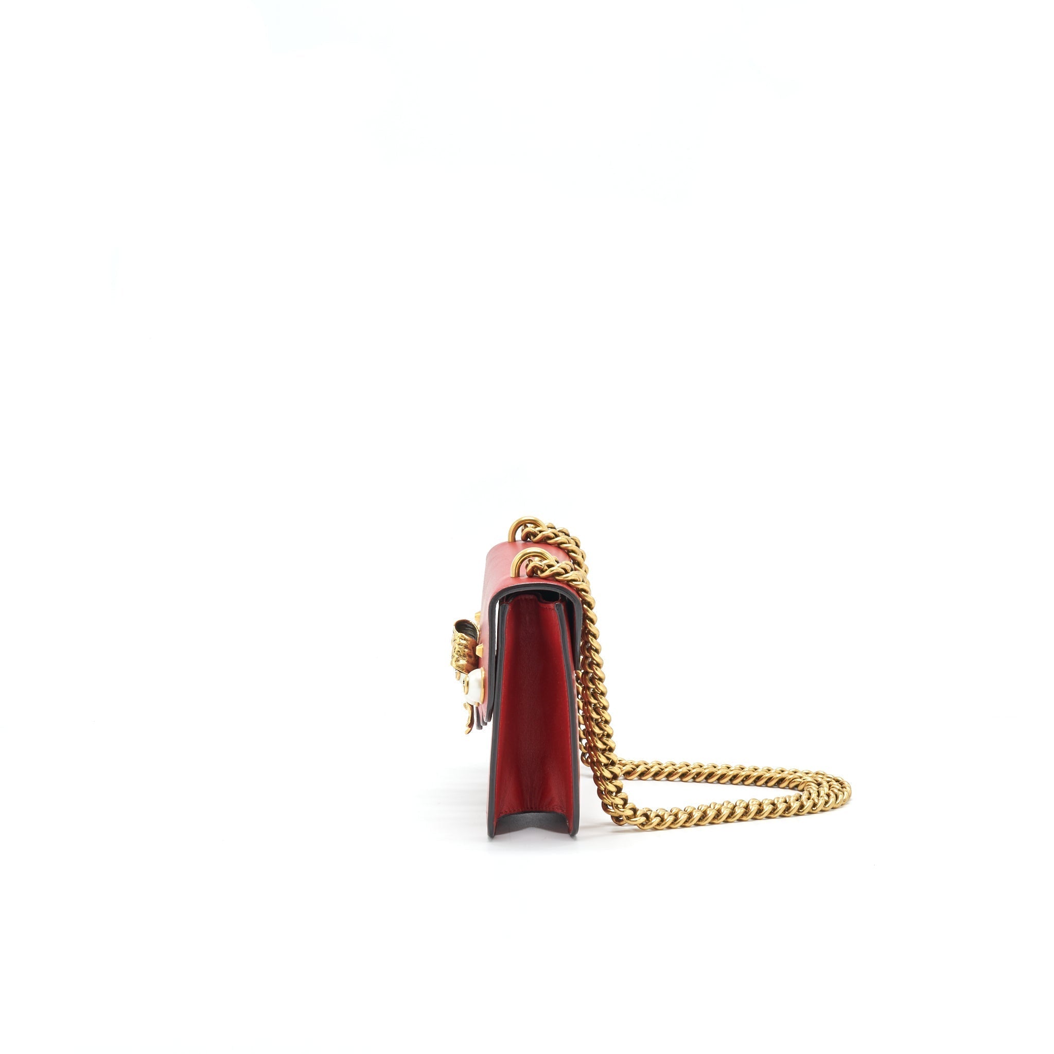 GUCCI BOW AND PEARL LEATHER CHAIN SHOULDER BAG RED