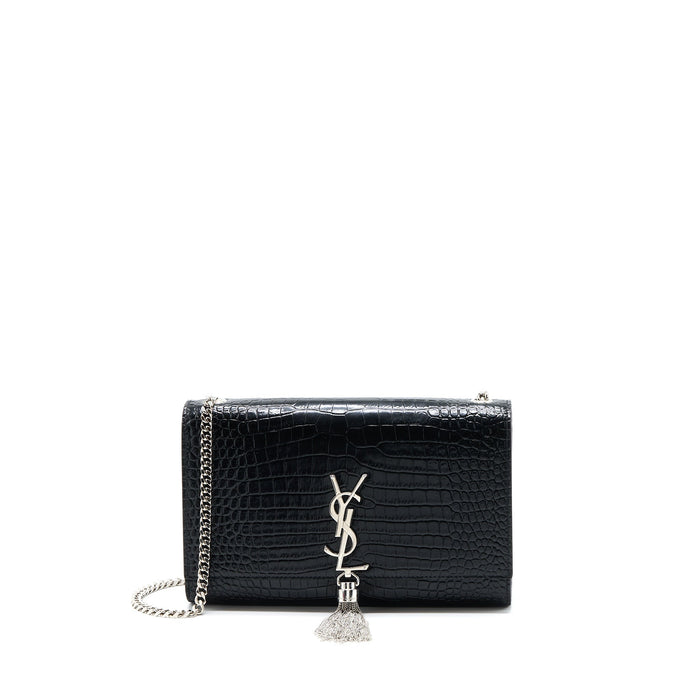 SAINT LAURENT KATE WITH TASSEL CHAIN BAG CROC EMBOSSED CALFSKIN BLACK SHW