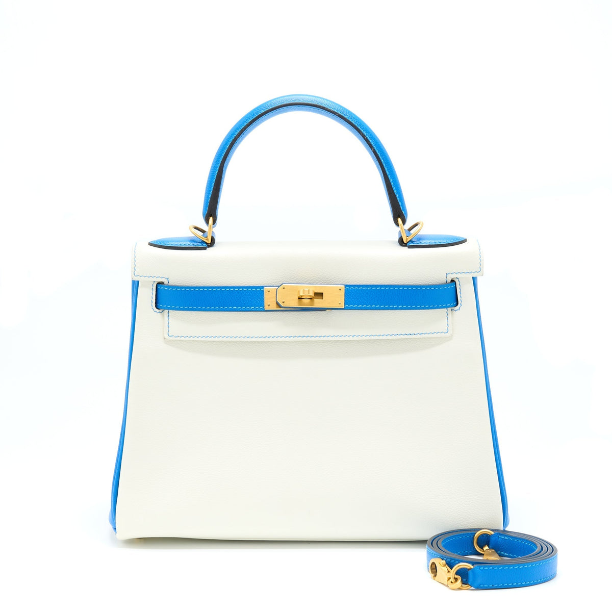 HERMES KELLY 28 SPECIAL ORDER EVERCOLOR BLANC/MYKONO BRUSHED GOLD HARDWARE