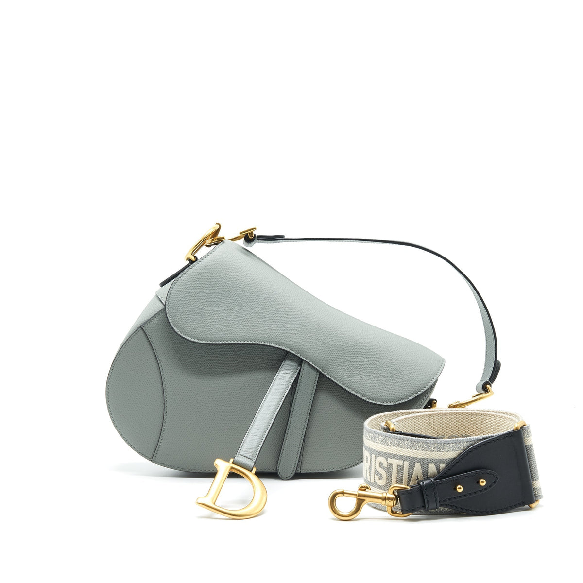 DIOR MEDIUM SADDLE BAG GRAINED CALFSKIN GREY WITH DIOR CANVAS SHOULDER STRAP