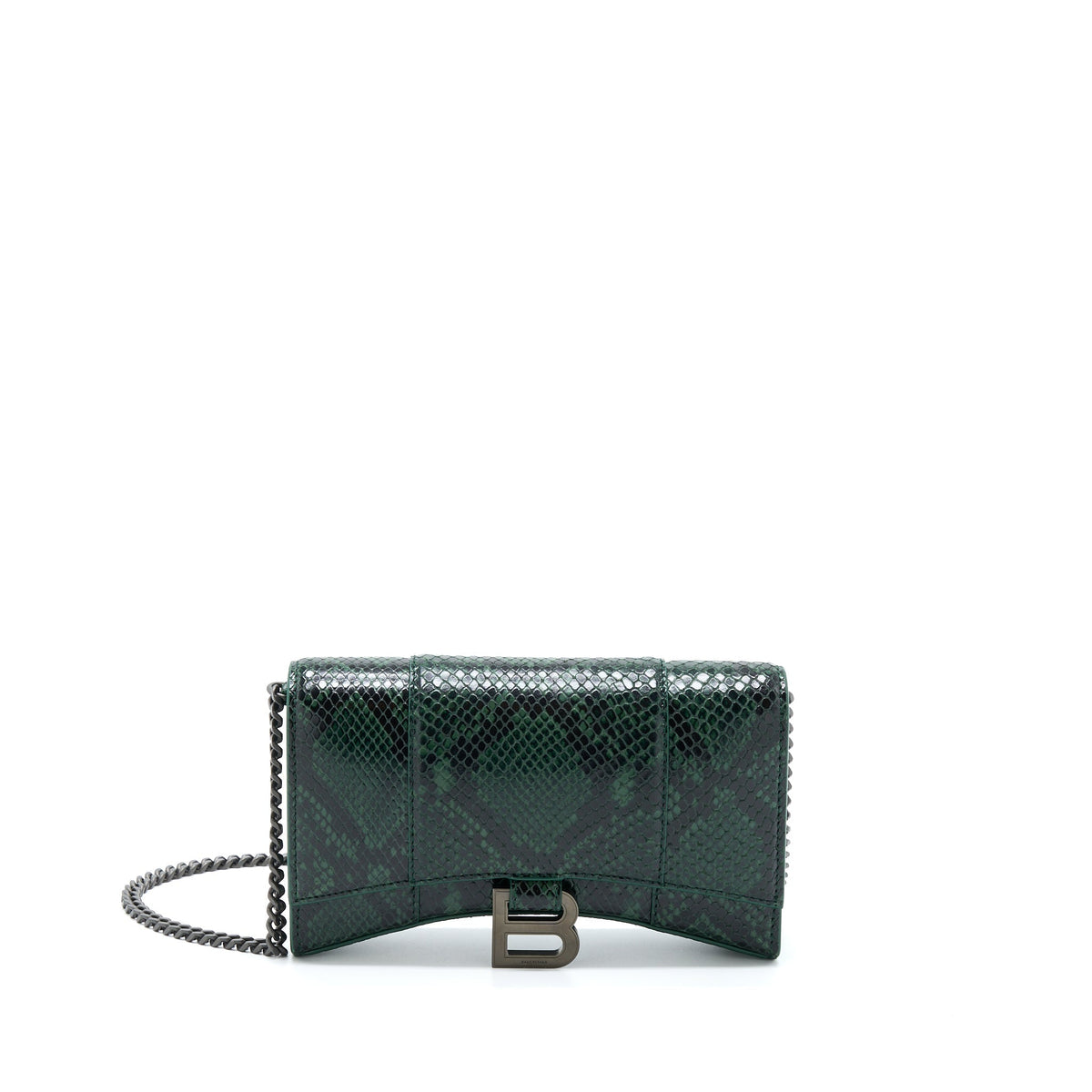BALENCIAGA HOURGLASS WALLET WITH CHAIN PYTHON EMBOSSED CALFSKIN BLACK/ DARK GREEN