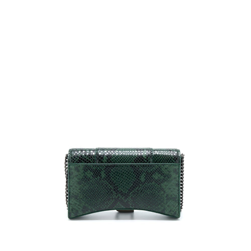 BALENCIAGA HOURGLASS WALLET WITH CHAIN PYTHON EMBOSSED CALFSKIN BLACK/ DARK GREEN